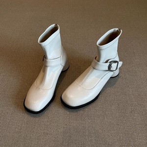 Bottines à talon bloc extensible et polyvalentes en cuir véritable 2026 avec boucle, design élégant pour femme - Product Image 1