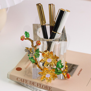 Porte-stylo en verre cristal, forme carrée, motif floral en émail, accessoire de bureau, cadeau pour les enseignants et les collègues - Product Image 3