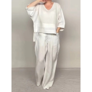 Ensemble 2 pièces pour femmes, décontracté, couleur unie, grande taille, manches trois quarts irrégulières, col en V, haut et pantalon en coton, tendance - Product Image 1