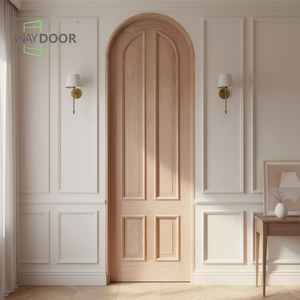 Puerta Exterior de Madera Curvada de Estilo Francés con Líneas Decorativas, Acabado <span class=keywords><strong>en</strong></span> <span class=keywords><strong>Caoba</strong></span> y Roble, Puerta Principal de Madera Maciza Doble con Arco Redondo - Product Image 3