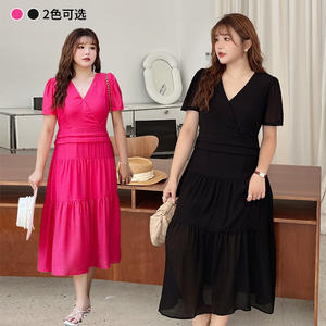 เดรสทรงเค้กคอวีสไตล์ฝรั่งเศส แบรนด์ Runqi  ไซส์พลัส แขนสั้น ยาว ใส่ได้ทุกวัน ระบายอากาศดี สวมใส่สบาย - Product Image 1