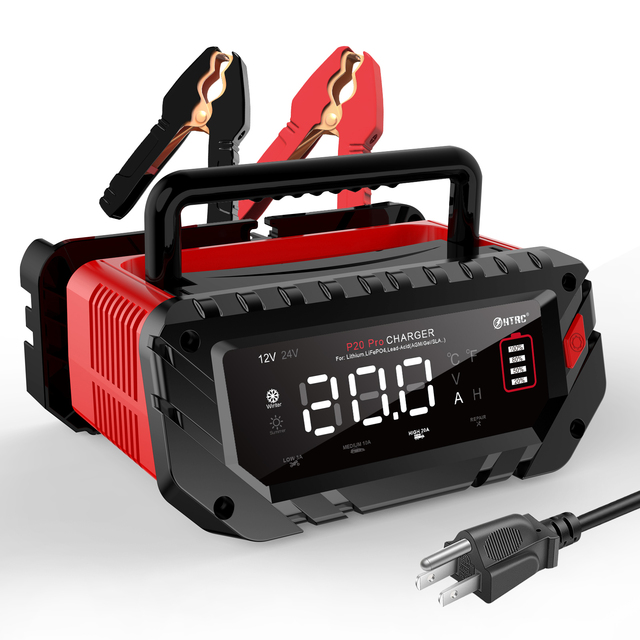 HTRC Portable 20A Car Battery Charger 12V 24V Automatic for Motorcycle Truck Agm Lifepo4 Lead Acid-Start/Stop Repair DIY AC Port