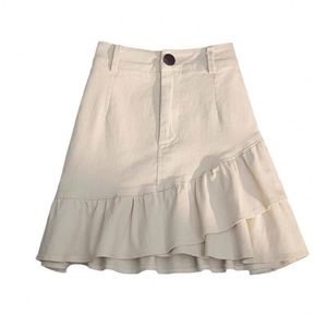Jupe courte décontractée taille haute pour femme, coupe trapèze, en jean blanc, asymétrique à volants, anti-exposition, collection Printemps-Été - Product Image 6