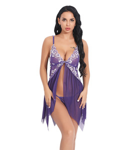 Nuisette érotique Chemise de nuit, ensemble string, lingerie sexy en soie glacée pour femmes, robe de chambre à fermeture frontale pour l'été, tissu tricoté - Product Image 4