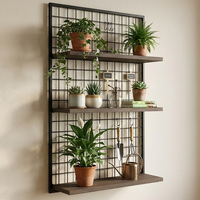 Étagères murales flottantes industrielles modernes à 3 niveaux en bois d'acacia et grille métallique noire pour plantes et pots de fleurs - Maison et Jardin