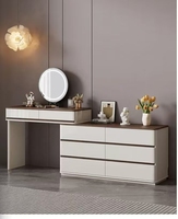 Table de maquillage rustique en bois avec panneaux décoratifs, éclairage LED, tiroirs et miroir pour chambre à coucher et mobilier de maison