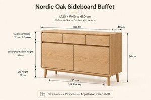 Credenza Nordica di Alta Qualità Personalizzata, <span class=keywords><strong>Mobile</strong></span> Buffet in Rovere Chiaro con 3 Cassetti, Fornitore OEM di Mobili per Soggiorno - Product Image 4