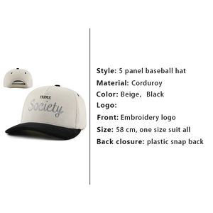 Custom Embroidery Logo Vintage Beige Black Corduroy Baseball Hats Adjustable Snap Back <strong>Caps</strong> for Men Women - Product Image 2