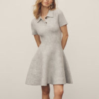 Robe Courte Décontractée en Maille Grise pour Femme, Col Revers, Manches Courtes, Boutons, Taille Cintrée, Coupe Évasée, Fabrication Personnalisée