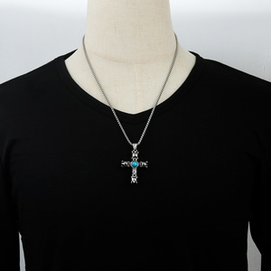 Stainless Steel <b>Cross</b> Pendant With Pink Eye Inlay For Men And Women Fashion Necklace Gift - Product Image 3