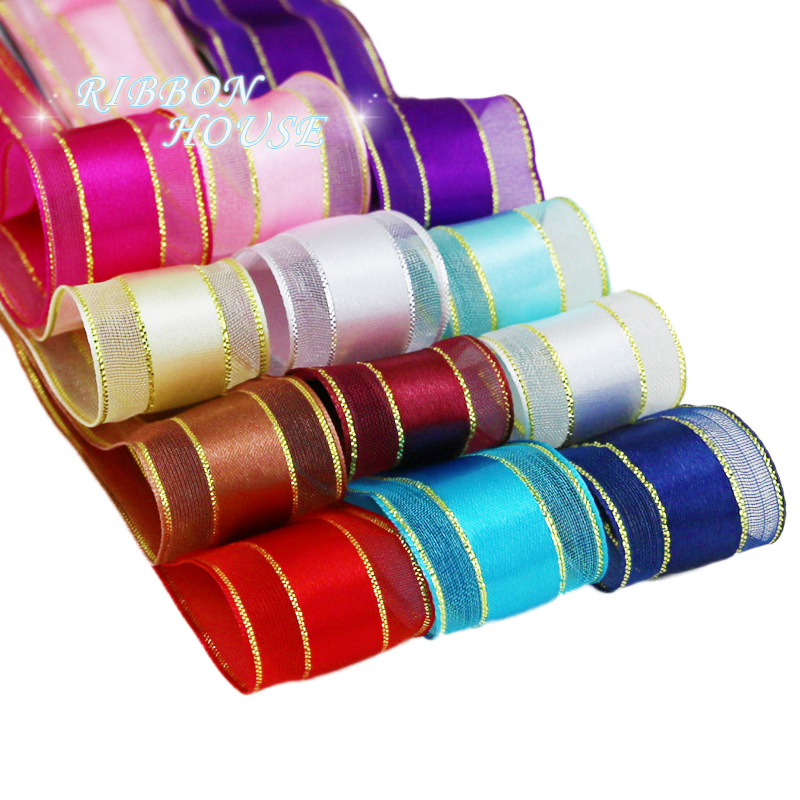 High Quality Gold-Edged Wired Ribbon Satin Ribbon Gift Packaging Wedding Decorative Wrapping Durable Polyester Christmas Ribbon