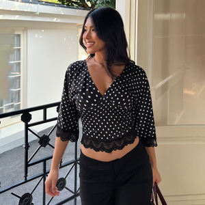 Simple Casual Eco-Friendly Summer Lace <b>Patchwork</b> V Neck Regular Fit Short Sleeve Crop <b>Top</b> - Product Image 4