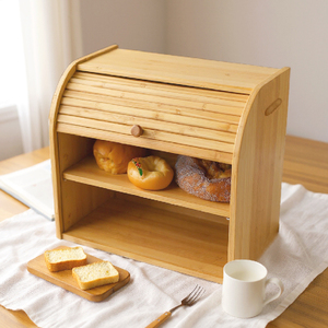 Boîte à pain, boîtes à pain <span class=keywords><strong>en</strong></span> <span class=keywords><strong>bambou</strong></span> à 2 étages pour le stockage des aliments dans la cuisine, boîte à pain de grande capacité avec couvercle à roulettes et couche amovible - Product Image 6