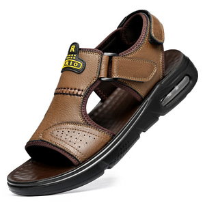 รองเท้าแตะเสริมส้นแบบมีเบาะลมสำหรับผู้ชาย ปิดด้วยเวลโคร พื้นเรียบ สไตล์ลำลอง สำหรับใส่กลางแจ้ง ชายหาด สีน้ำตาล สีดำ ไซส์ 40-45 - Product Image 3