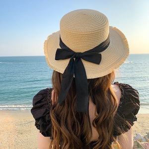 Frayed Flat Top <b>Straw</b> <b>Hat</b> Khaki Black Bow Women's Summer Sun Protection Beach Sunshade <b>Hat</b> Color Blocking Design Adult Female - Product Image 4
