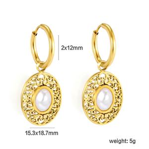 Boucles d'oreilles personnalisées en pierre naturelle, vente en gros, bijoux en acier inoxydable étanche plaqué or 18 carats, créoles géométriques rondes - Product Image 2