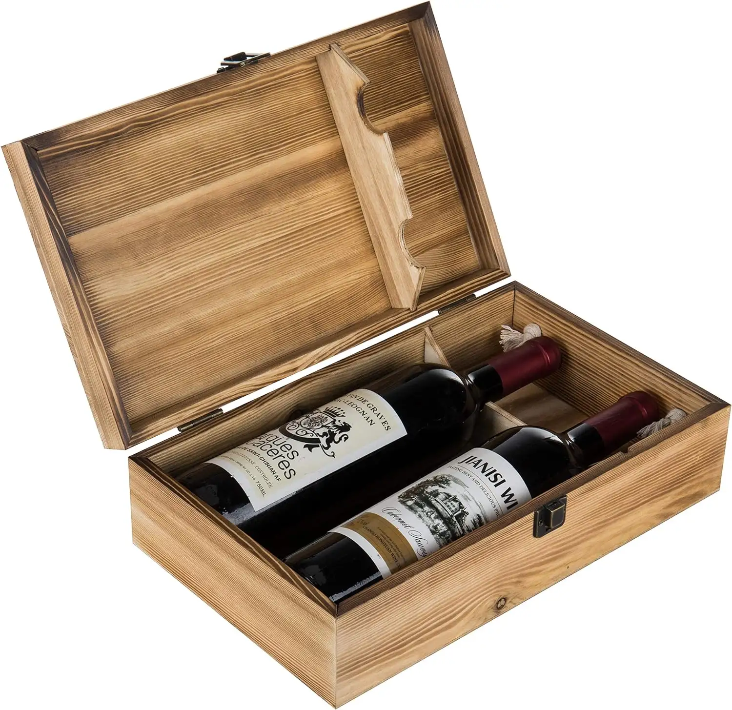 Mygift กล่องของขวัญไวน์ขวดไม้เผาสีเข้มมือจับด้านบนบานพับ