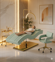 Lit de Soin Ergonomique de Luxe pour Cils, Ensemble Moderne pour Spa et Beauté, avec Éclairage LED Demi-Lune, Chaise à Roulettes Robuste à Base Dorée, Durable