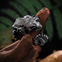 Bague ajustable en cuivre motif gecko, finition argent antique et noir, bague statement 3D lézard pour femmes et hommes