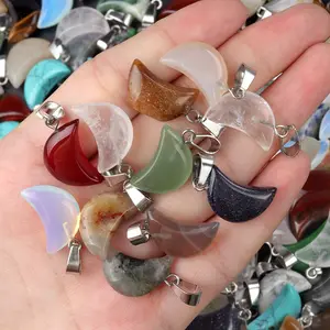 Hot Rose Quartz Turquoise Lapis Lazuli Tiger Eye Moon Shape Reiki Healing Crystal Stone Drop Pendant Charms For Necklace