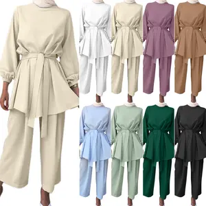 Musulmán rezar mujeres traje árabe moda manga larga Tops + Pantalones de pierna ancha mujeres islámicas conjuntos a juego 2 uds chándales Turquía Kaftan