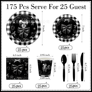 <b>Black</b> Bow Themed Birthday Party Tableware Set Paper Cups Napkins Disposable <b>Plates</b> Party Supplies Kit - Product Image 2