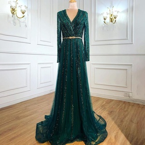 S0462N nuovo stile retrò Chiffon <span class=keywords><strong>verde</strong></span> a <span class=keywords><strong>maniche</strong></span> <span class=keywords><strong>lunghe</strong></span> con scollo a V aderente in rilievo adatto per abito da sera banchetto annuale - Product Image 1