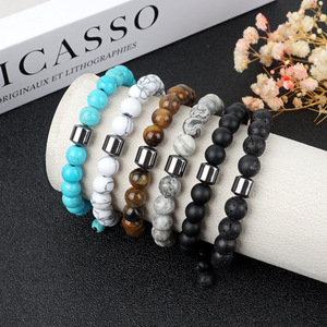 Bracelet en cordon tressé rétro bohème - Perles en pierre naturelle œil <span class=keywords><strong>de</strong></span> <span class=keywords><strong>tigre</strong></span> <span class=keywords><strong>mat</strong></span>, roche volcanique, pin blanc - Product Image 1