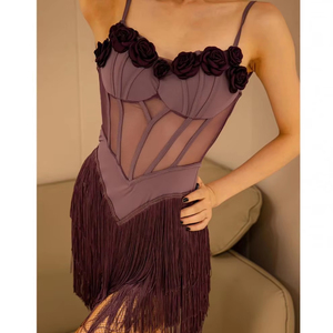 Falda de baile latino morada de fábrica, sin espalda, con borlas, para Rumba, Samba, Chachachá, <span class=keywords><strong>Tango</strong></span>, para mujer, para competición y práctica de baile. - Product Image 1