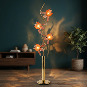 Lampe sur pied moderne à 4 têtes en forme de fleur de lotus, avec poteau en métal doré courbé en forme de S et abat-jour en verre en forme de pétale, pour salon, chambre à coucher - Product Image 4