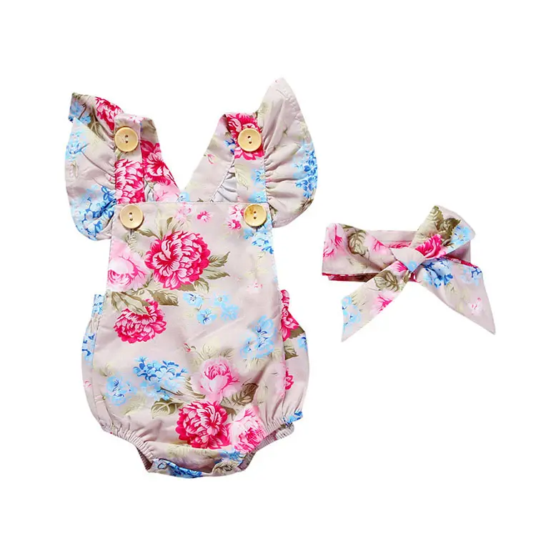 Toddler Meninas Bodysuits Headband Set Bebê Romper Infantes Flower Clothing Set