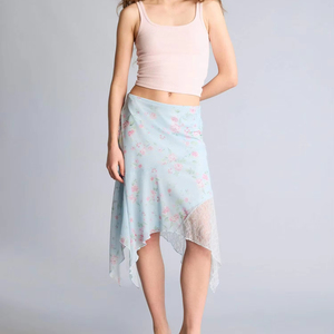 Falda Vintage Asimétrica con Estampado Floral, Cintura Natural, Transpirable, con Volantes, de Gasa, Teñido Liso, Forro de Algodón, Transparente - Product Image 1