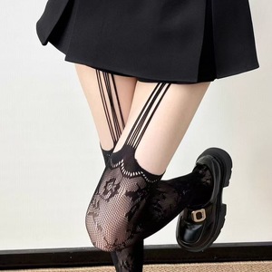 Black Lace Over The Knee Stockings 15D Ultra Thin Transparent Women's Fishnet Y2K Style Suspender Socks - Product Image 3