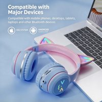 Headphone Wireless Kucing Lucu Macaron Laris Manis dengan LED BT5.3, Headphone Gaming Over-Ear Stereo Hifi Lipat Berkabel