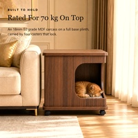 Table d'appoint pour chat en bois, meuble partagé humain-animal, table de chevet avec entrée arquée et roulettes verrouillables