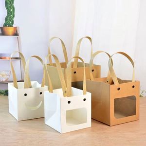 Nouveauté 2023 : Sac à fleurs portable avec visage souriant, 3 tailles, sac floral pliable carré en papier kraft pour boutique de cadeaux - Product Image 1