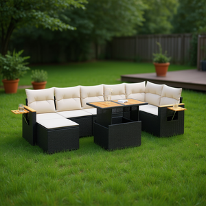 Ensemble de canapés de jardin en rotin noir avec coussins crème, 6 places, mobilier d'extérieur, design contemporain, table en teck - Product Image 2