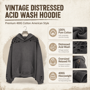 Sudadera con Capucha Unisex de Algodón 400G, Estilo Desgastado, Oversize, Streetwear, con Detalle de Rasgado a Mano y Bolsillo Canguro, Venta al por Mayor - Product Image 4