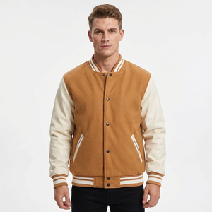 Blouson universitaire en mélange de laine pour homme, col mandarin, simple boutonnage, style urbain, hiver, jaune moutarde et blanc, séchage rapide - Product Image 1