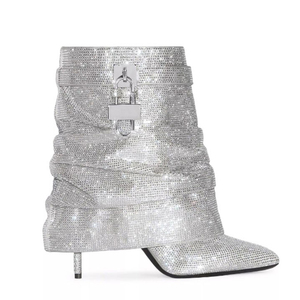 Botines cortos de tacón alto y fino para mujer con diamantes, botines de tobillo con cierre de tiburón para niña, zapatos con parte superior plisada superpuesta - Product Image 5