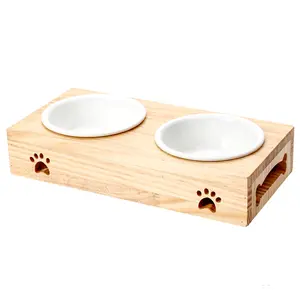 高架陶瓷宠物猫狗水碗，带木制托盘支架防滑