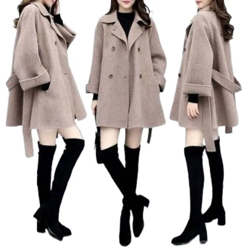 Wholesale New Fashion Autumn Winter Women Long Woolen Coat Solid Color Girls Lapel Collar Tops Button A-line Midi Long Coat