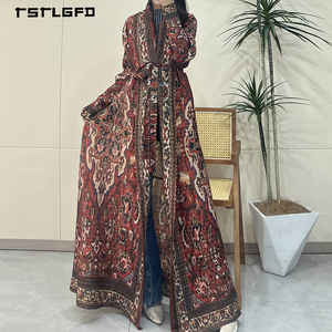 Robe longue plissée pour femme, style Abaya, imprimé tapis persan Kilim, ceinture à nouer, manches longues, modeste, de luxe, ethnique, type kimono - Product Image 2