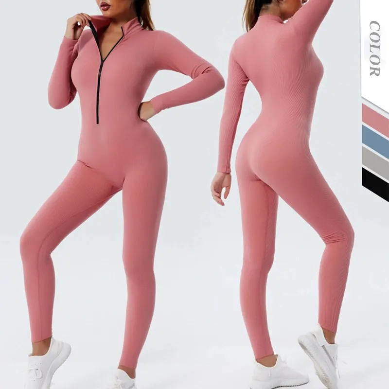 Guter Preis Damen Reißverschluss Front Sportstrampler sexy Yoga-Jumpsuit mit langen Ärmeln Ausschnitt Sport Einteiliger Fitnessanzug Fitnessraum-Bekleidung