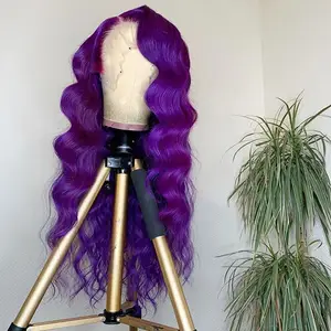超长为妇女突出头发扩展半头卷曲时尚假发, 瑞士私人标签身体波紫色蕾丝前假发