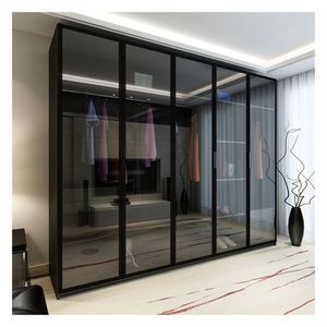 Armoire moderne en bois massif avec panneaux de verre encadrés d'aluminium noir et décoration de barre lumineuse - Product Image 1