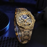 Montres mécaniques squelette à tourbillon Forsining FSG8299, phase lunaire, montre automatique dorée pour homme, bracelet en acier inoxydable gravé