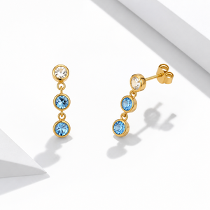 ต่างหูทรงหยดน้ำเซอร์โคเนีย สแตนเลสสตีล ชุบทอง 14K สีฟ้าใส ทรงกลมสามชั้น แบบห้อย ตัวล็อคแบบผีเสื้อ - Product Image 1
