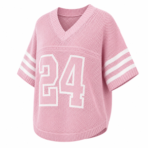 Suéter de punto de malla rosa para mujer, cuello en V, manga corta, top deportivo, estilo Y2K, ropa urbana para el día del partido - Product Image 5