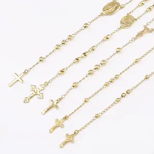 CM Fine Jewelry 14K Oro Laminado Gold Plated Religious Chain Cross Beads Catholic Rosary Necklace Christian Rosario Cadena